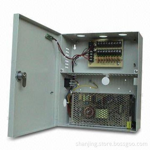 CCTV power supply, with 100 to 240V AC input, 12V DC/10A output, 9/18-way